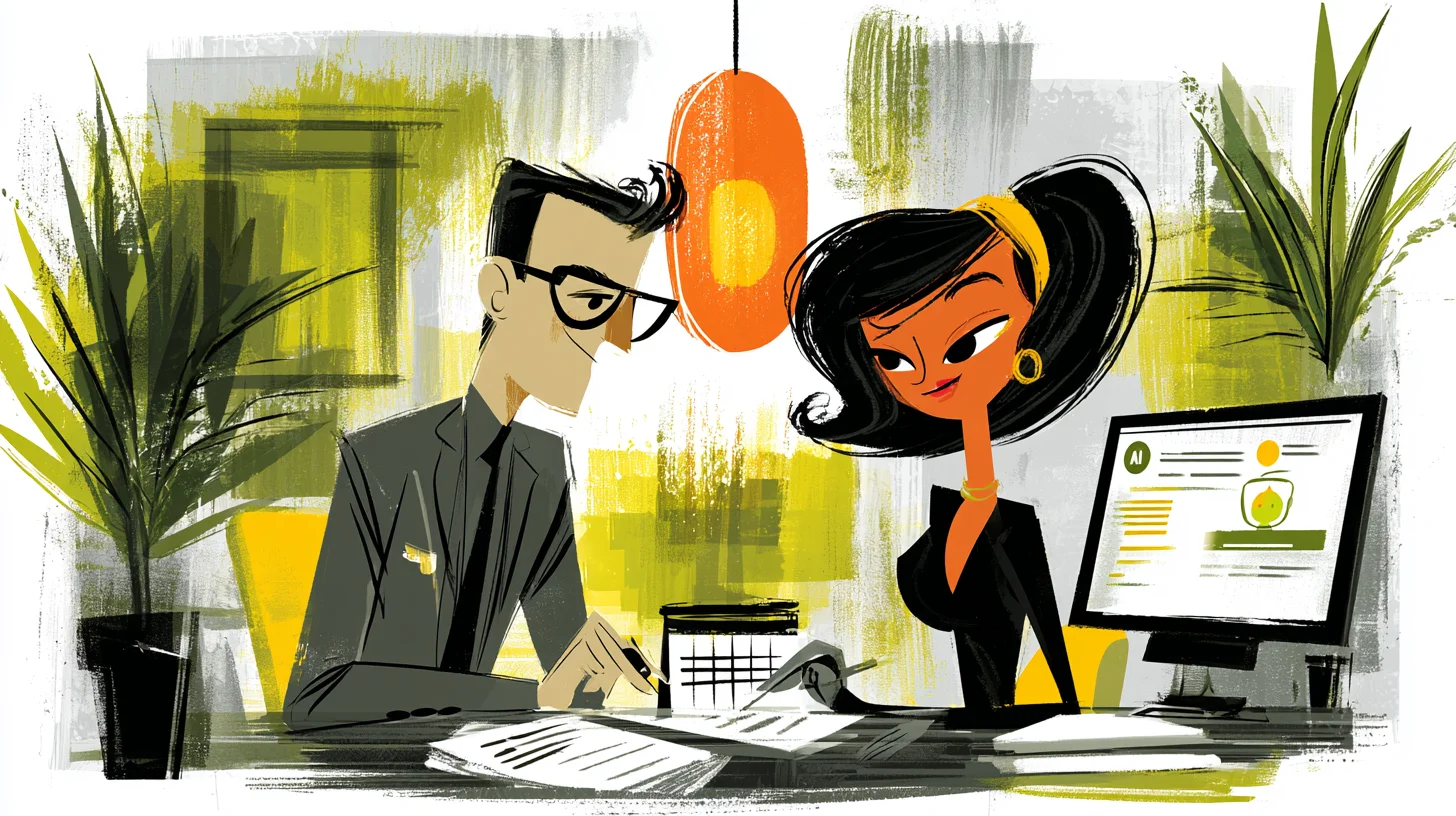 Retroillustration i 1950- eller 60-talsstil av två kollegor som gör semesteröverlämning vid ett skrivbord med checklistor, kalender och AI-assistent på en skärm
