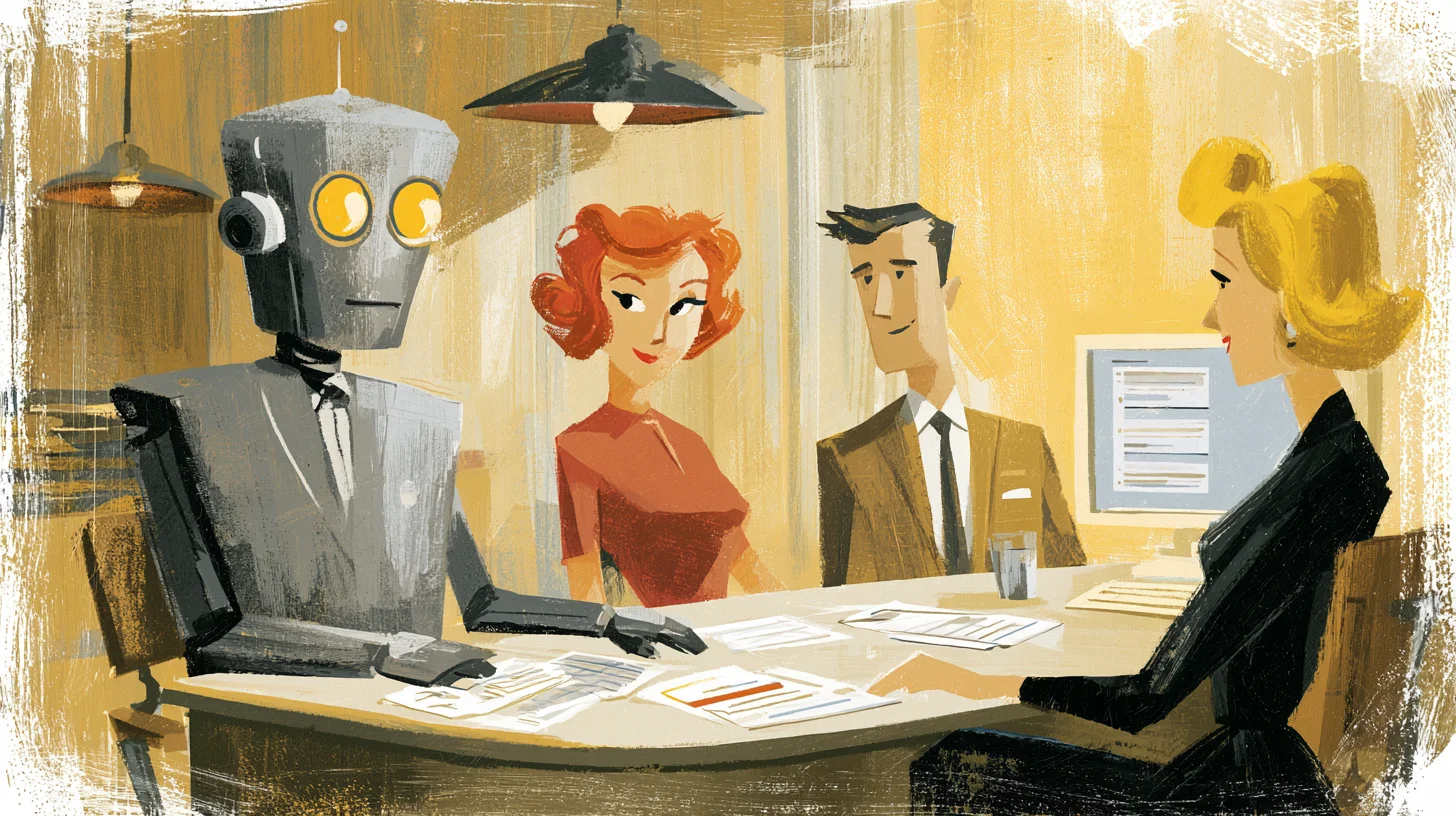 Retroillustration i 1950- eller 60-talsstil av ett onboardingmöte där två nya medarbetare, en chef och en robotkollega går igenom dokument vid ett skrivbord