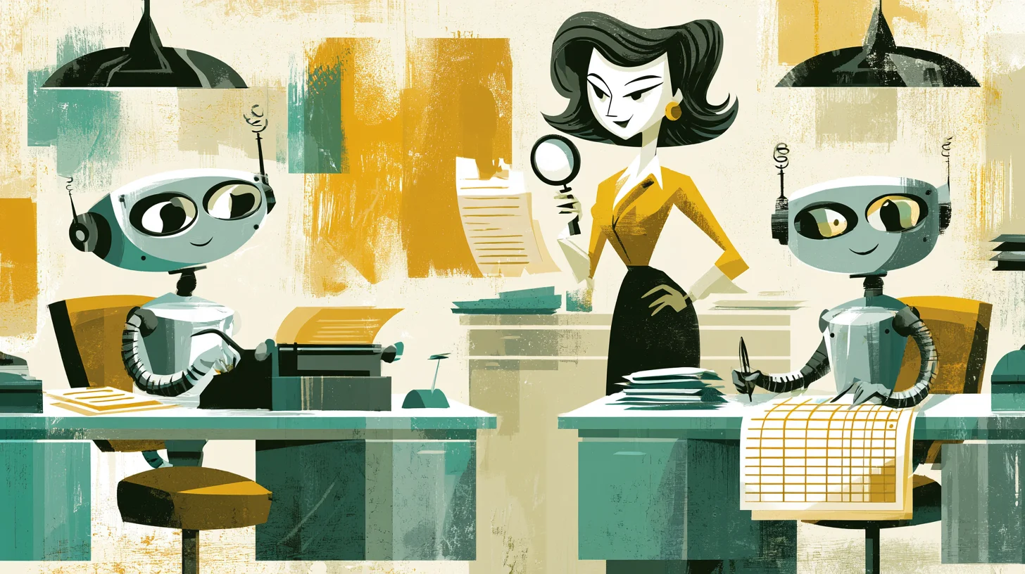 Retroillustration i 1950- eller 60-talsstil av ett kontor där två robotassistenter arbetar vid varsitt skrivbord med dokument och kalkylblad medan en människa granskar resultatet