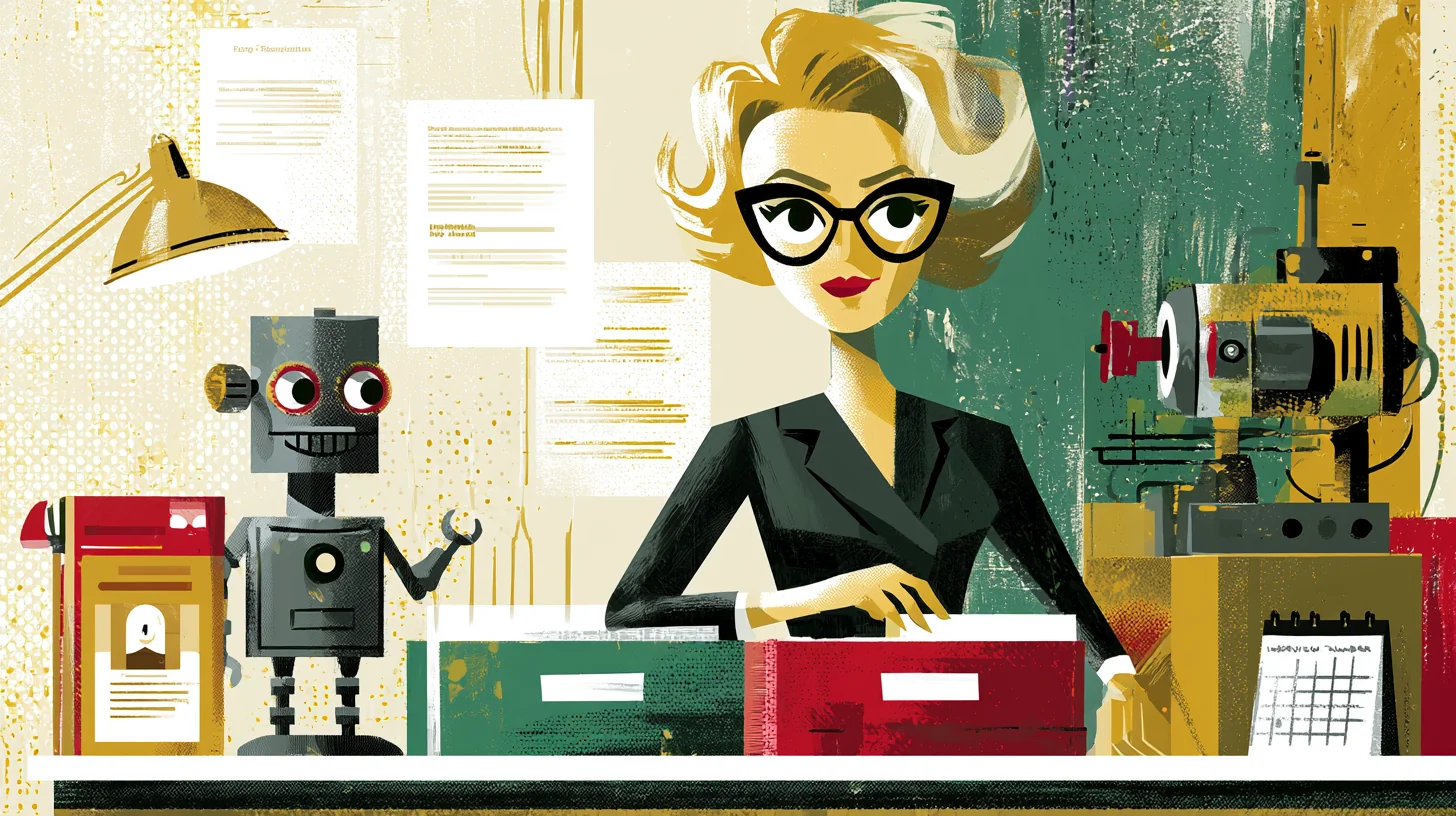 Retroillustration i 1950- eller 60-talsstil av en chef som sorterar AI-system mellan en grön och en röd dokumentbricka medan en robot, en jobbansökan och en industrimaskin syns på skrivbordet