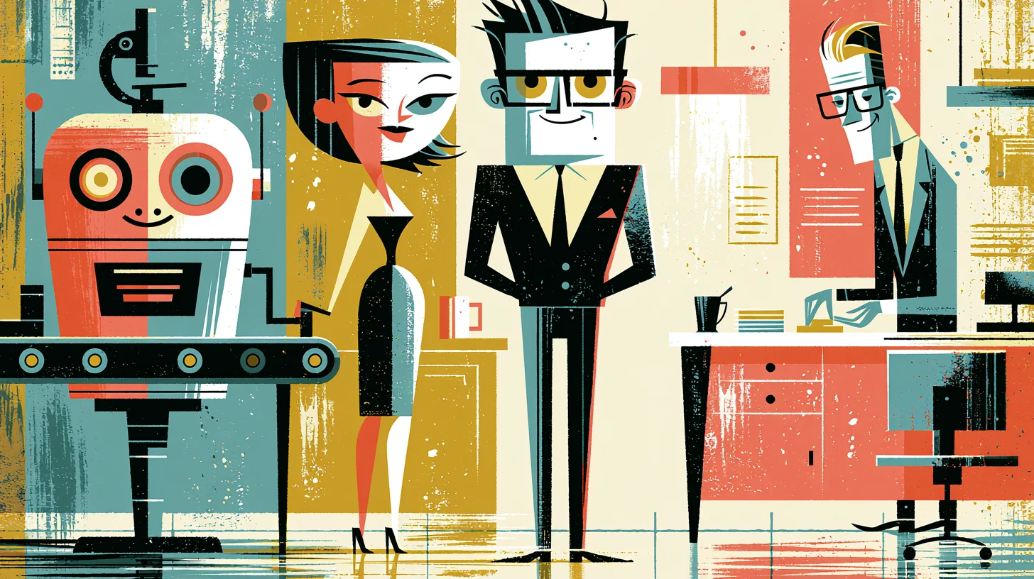 Retroillustration i 1950- eller 60-talsstil av en robot vid ett löpande band tillsammans med tre kontorsanställda som granskar arbetet