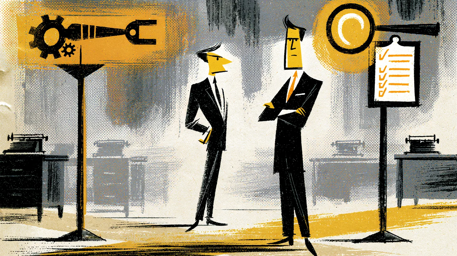 Retroillustration i 1950- eller 60-talsstil av en tjänsteman som granskar två skyltar - en med en robotarm och en med ett förstoringsglas - vid en korsning på ett kontorsgolv