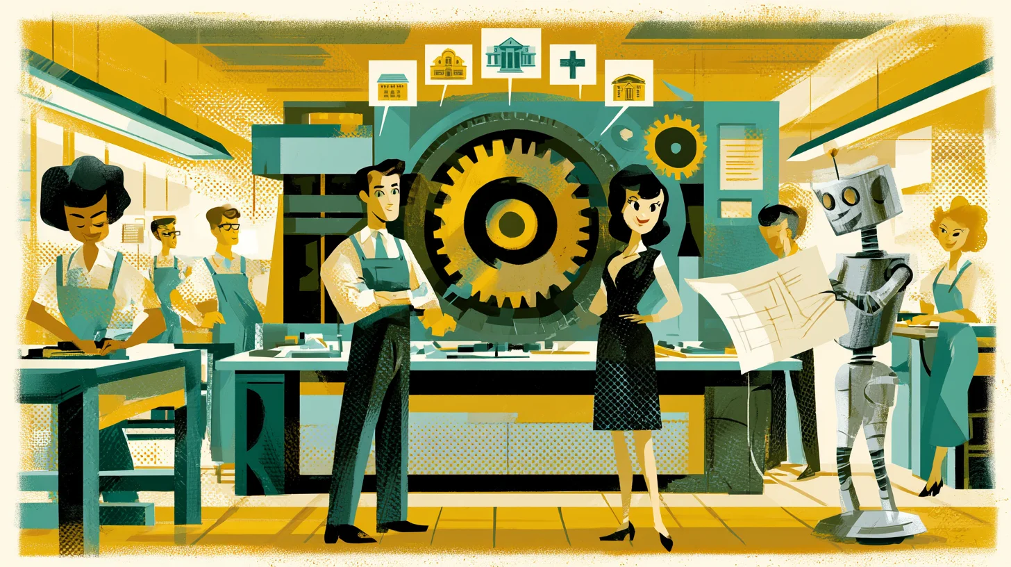 Retroillustration i 1950- eller 60-talsstil av en myndighetsverkstad där tjänstepersoner i overall bygger en delad maskin med kugghjul märkta kommun, region och myndighet, medan en robotassistent räcker fram ritningar