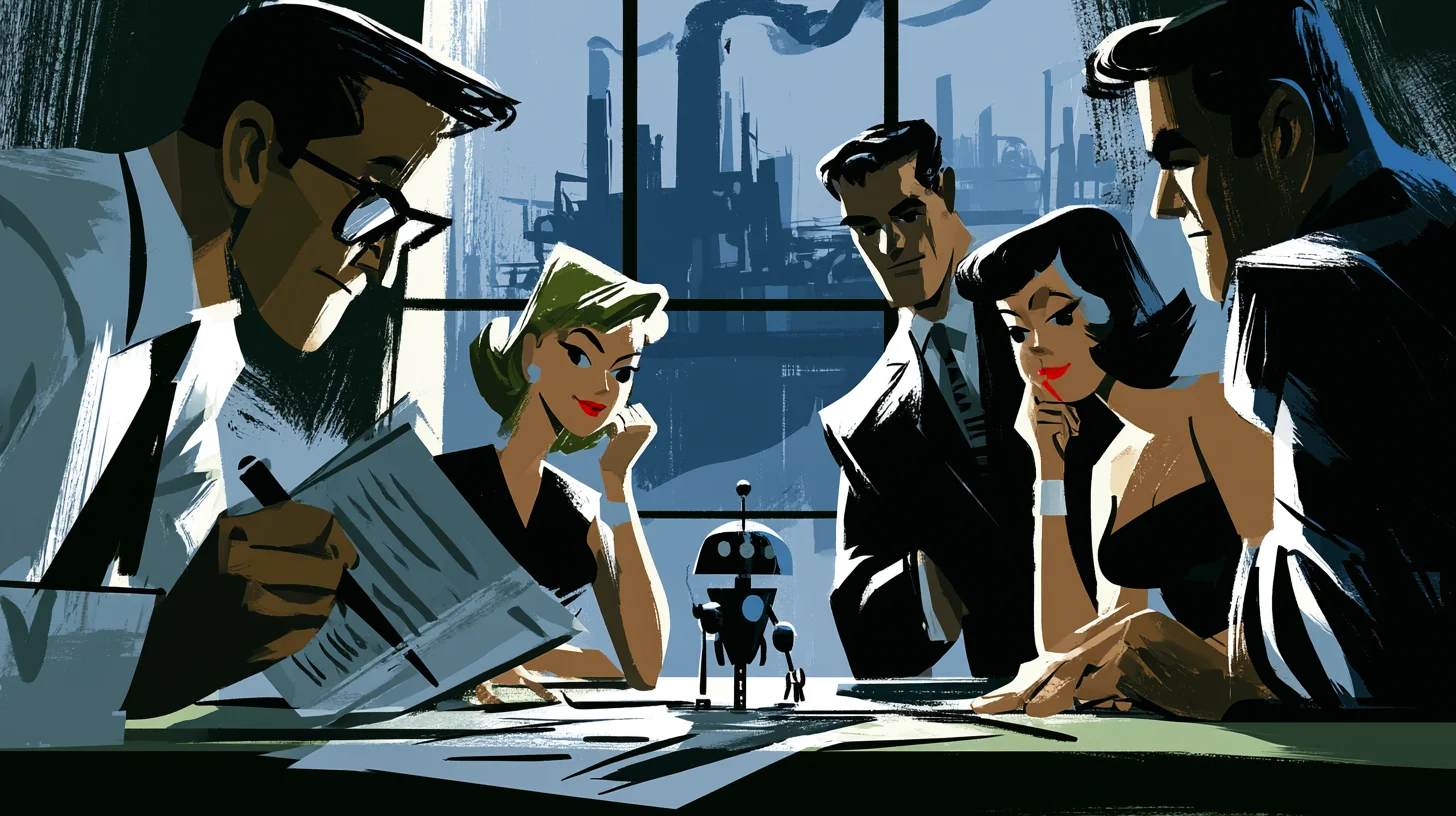 Retroillustration i 1950- eller 60-talsstil av små företagare runt ett skrivbord som testar en ny maskin tillsammans, medan en större fabrik syns genom fönstret i bakgrunden