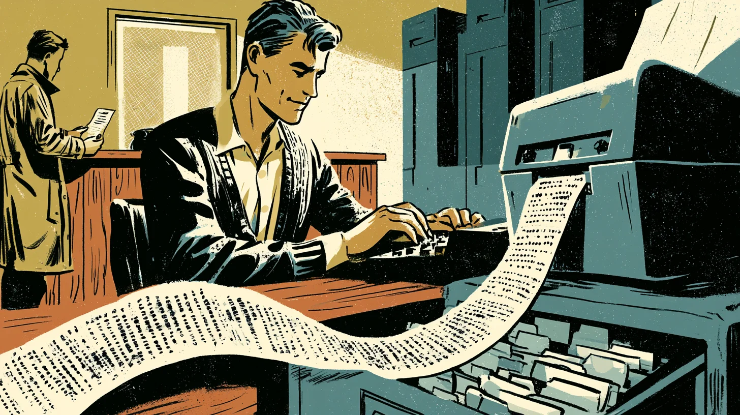 Retroillustration i 1950- eller 60-talsstil av en tjänsteperson vid ett skrivbord med en AI-terminal, där utskrivna promptremsor matas ut i en arkivlåda medan en besökare vid disken begär ut handlingar