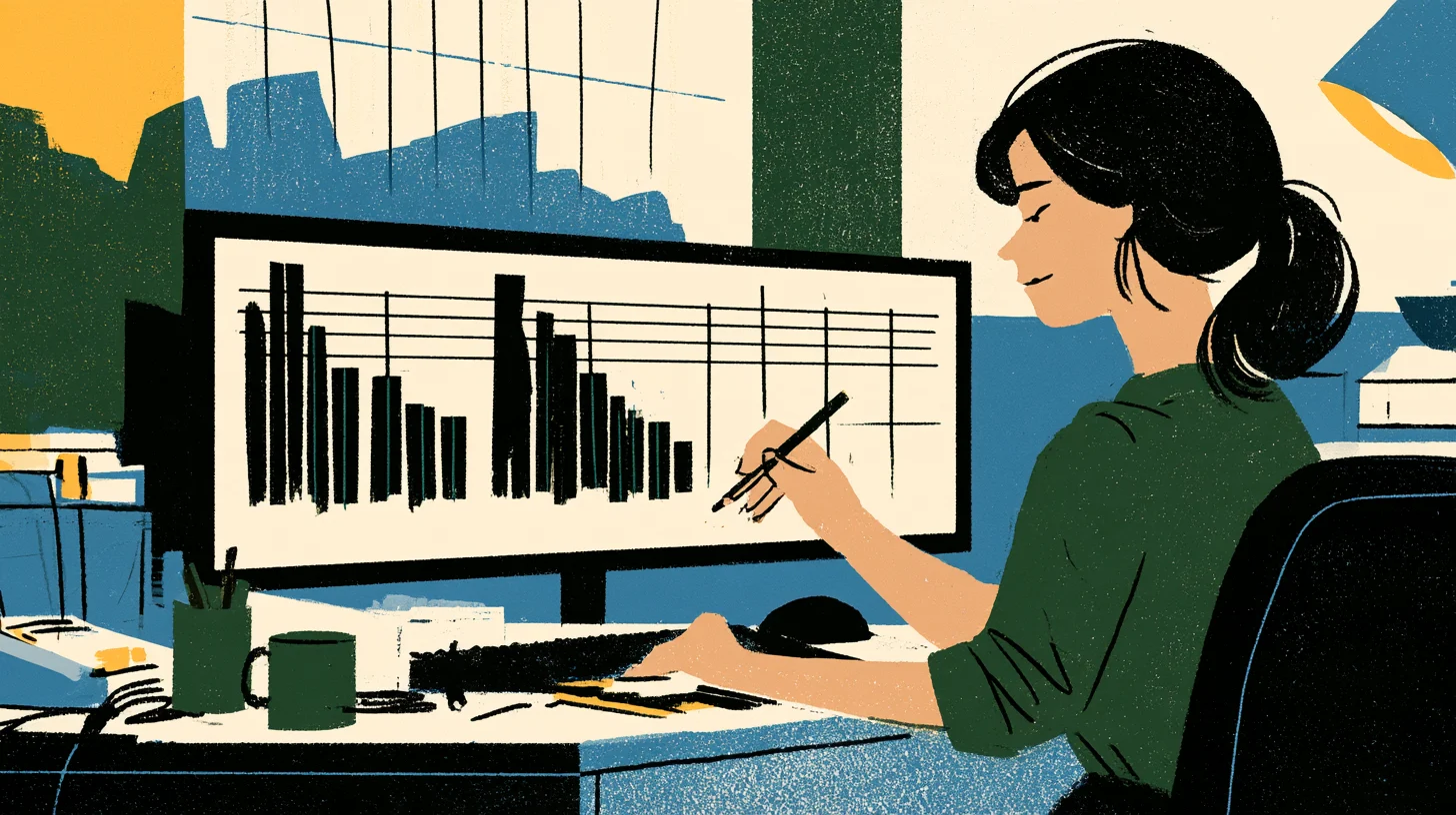 Illustration av en kvinna i grön tröja som sitter vid ett skrivbord och pekar med en penna mot stapeldiagram på en datorskärm.