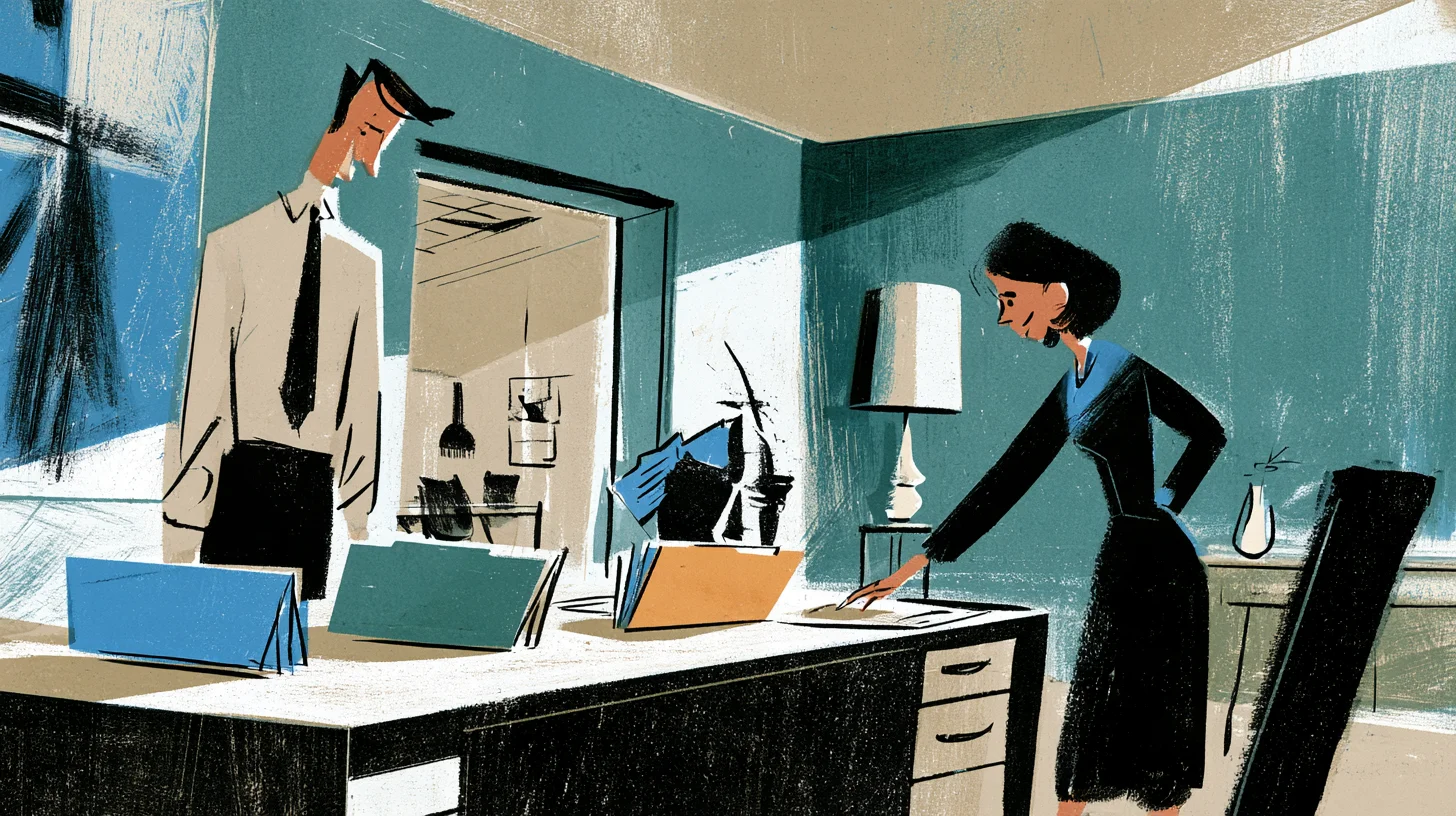 Retroillustration av två kontorsmedarbetare vid ett skrivbord med mappar, där en kvinna pekar på ett dokument.
