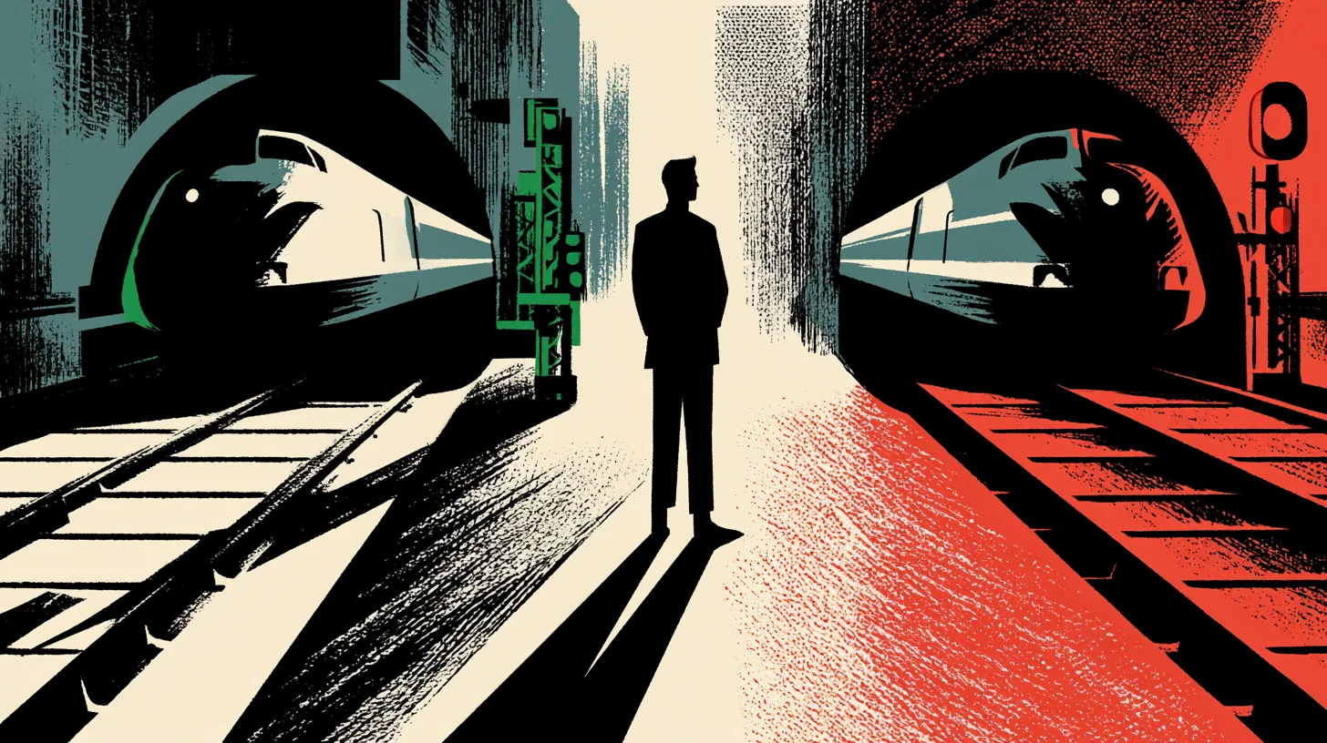 Retroillustration i 1950- eller 60-talsstil av en mörk silhuett av en järnvägsinspektör mellan två tåg som kommer ut ur varsin tunnel. En signal lyser grön vid det vänstra tåget medan höger sida markeras röd.