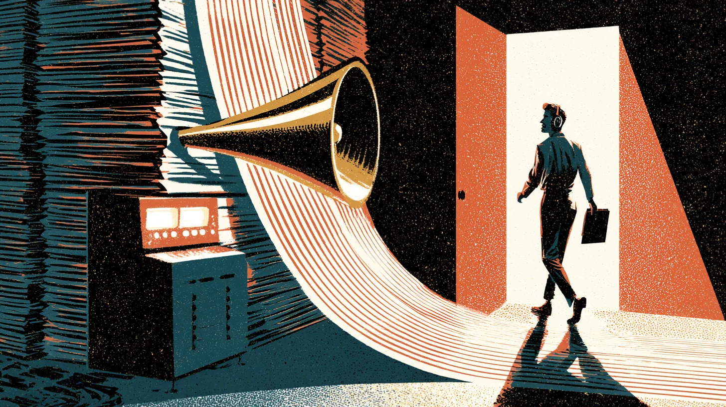 Retroillustration i 1950- eller 60-talsstil i svart, tegelrött och blågrönt. Till vänster står en tät vägg av staplade dokument och en apparat med lysande rattar och en stor guldfärgad högtalartratt. Ur tratten strömmar ett brett band av röda och vita linjer som löper som en väg över golvet fram till en öppen dörr, där en man med hörlurar och portfölj går ut mot ljuset.