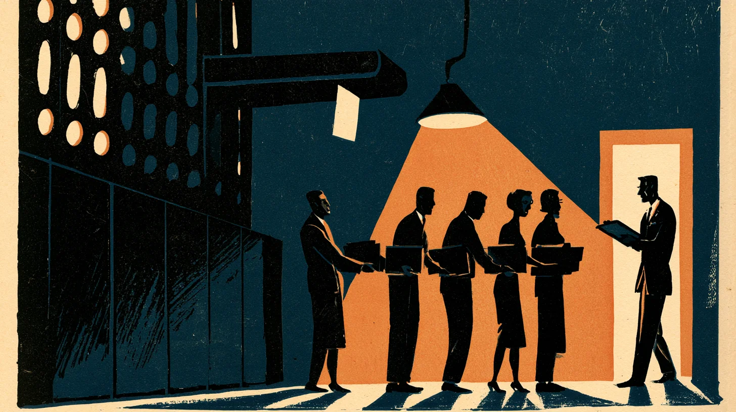 Retroillustration i 1950- eller 60-talsstil i mörkt marinblått, svart, orange och gräddvitt. Till vänster reser sig en stor mörk maskin med en panel av ovala hål, varav bara några lyser svagt, och en räckesförsedd trappa längs sidan. Maskinens transportarm sträcker sig in mot mitten och har stannat mitt i rörelsen – under den hänger ett enda ljust pappersark fritt i luften. Till höger hänger en arbetslampa i taket och kastar en skarp orange ljuskägla nedåt. I ljuset står fem personer i femtiotalskläder i profil, återgivna som svarta silhuetter, och skickar mörka mappar hand i hand längs en kedja. Längst till höger går en man i kostym med en skrivplatta i handen framför en öppen, ljust upplyst dörr. Golvet är gräddvitt och figurerna kastar långa skuggor.