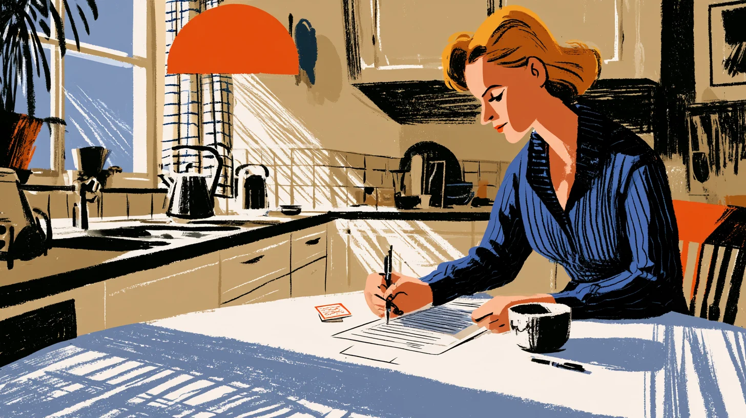Illustration av en kvinna i randig blå blus som sitter vid ett köksbord och skriver med penna på ett papper, med en kopp bredvid; i bakgrunden en orange taklampa och ett solbelyst kök.