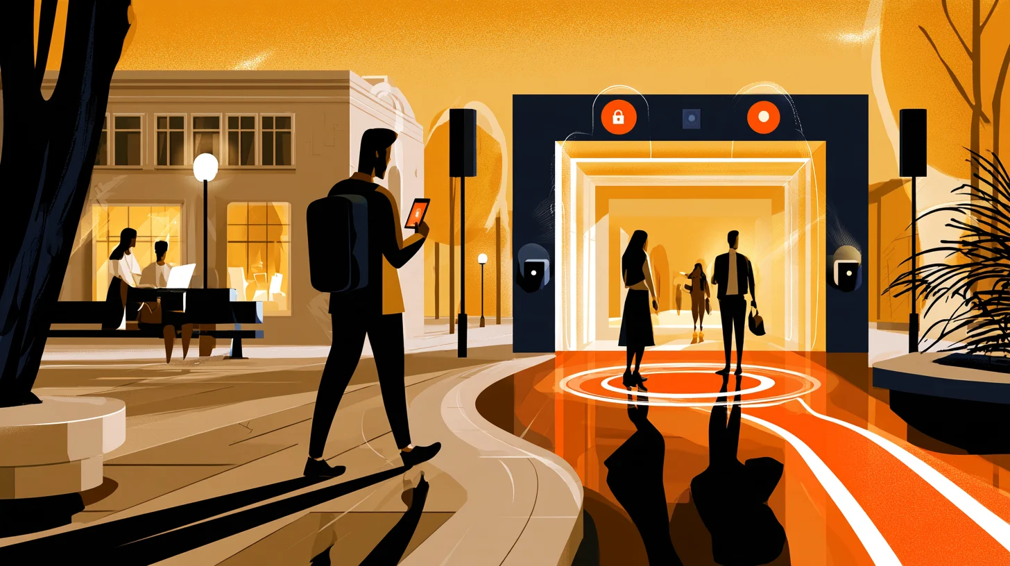 Illustration av en man med mobiltelefon framför en upplyst entré med låssymboler och flera personer.