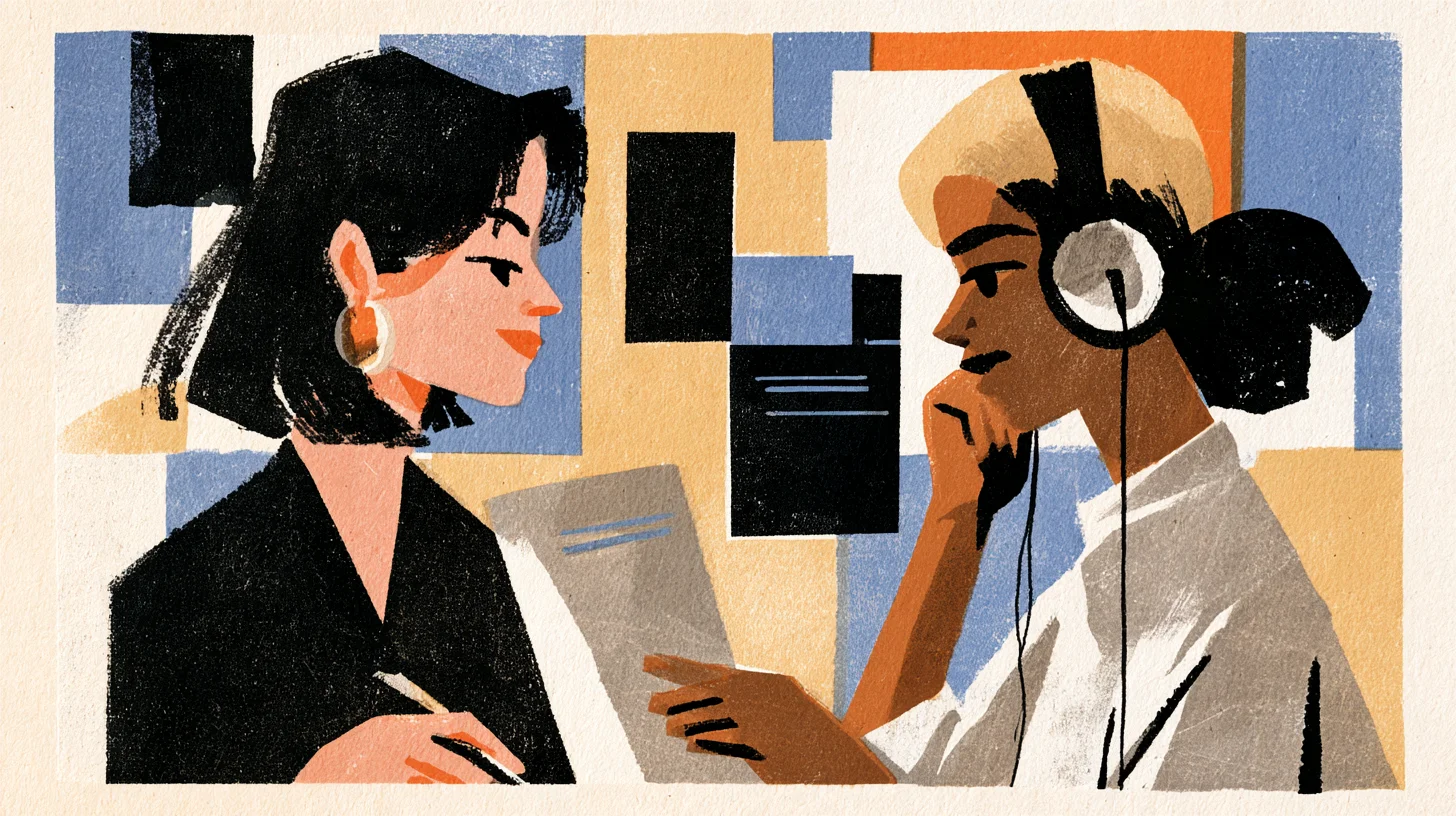 Illustration av två personer vända mot varandra; den ena bär hörlurar och håller ett papper, den andra håller en penna.