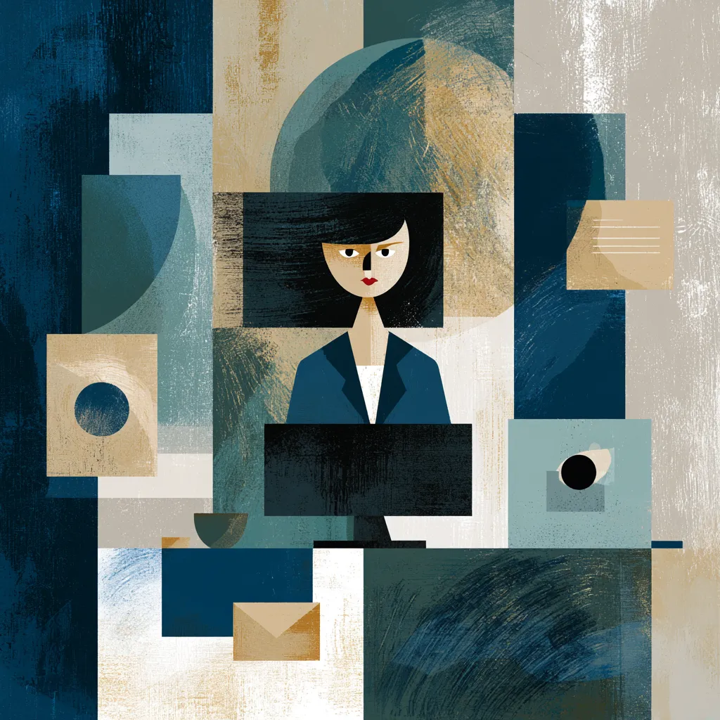 Illustration av en mörkhårig kvinna som sitter vid en dator, omgiven av abstrakta geometriska former i mörkblått och beige med ett kuvertmotiv i bakgrunden — representerar kundtjänstarbete i digital miljö.